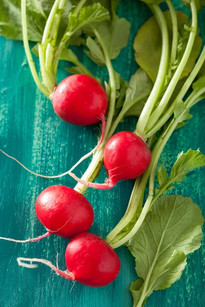 Fresh radish with leaves over green background — Stock Photo, Image