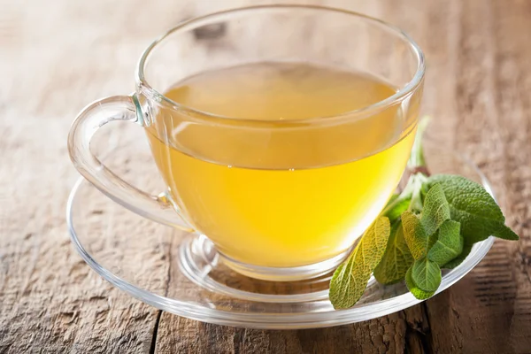 Té de salvia de hierbas con hoja verde en taza de vidrio — Foto de Stock