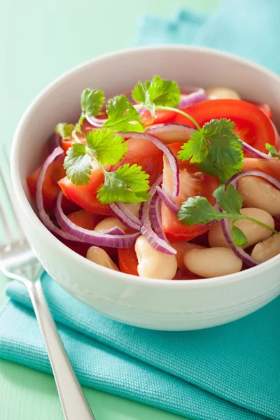 Healthy tomato salad with white beans onion coriander — Stock Photo, Image