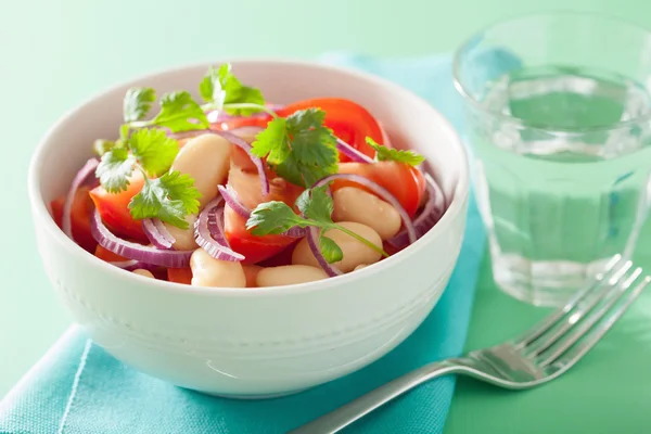 Healthy tomato salad with white beans onion coriander — Stock Photo, Image