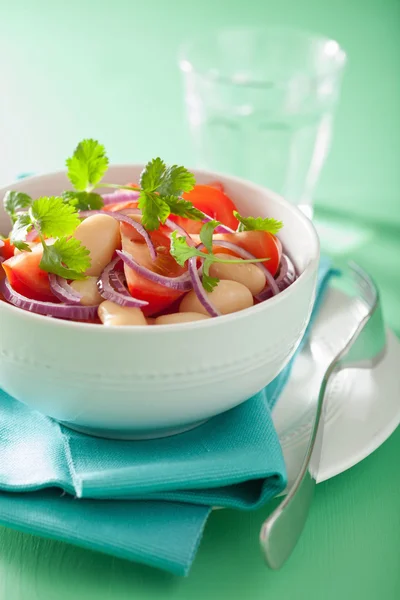 Healthy tomato salad with white beans onion coriander — Stock Photo, Image