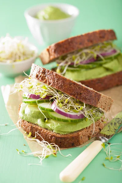 Gezonde rogge sandwich met avocado komkommer alfalfa spruiten — Stockfoto