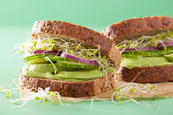 Gesundes Roggen-Sandwich mit Avocado-Gurken-Luzerne-Sprossen — Stockfoto