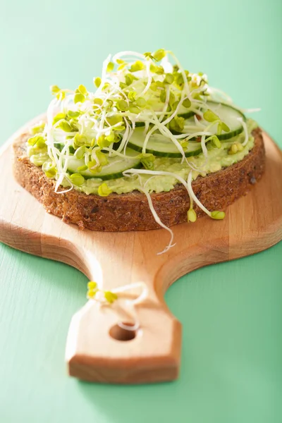 Healthy rye bread with avocado cucumber radish sprouts — Stock Photo, Image