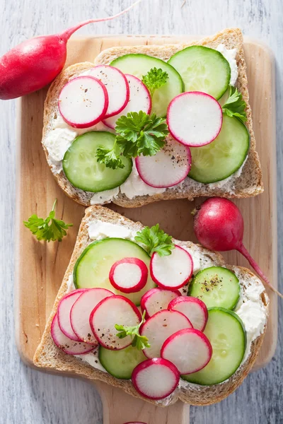 Gesundes Sandwich mit Rettichgurke und Frischkäse — Stockfoto