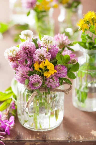 Colorful medical flowers and herbs in jars — Stock Photo, Image
