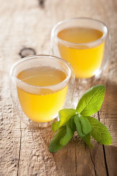 Herbal sage tea with green leaf in glass cup — Stock Photo, Image