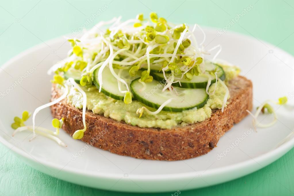 healthy rye bread with avocado cucumber radish sprouts