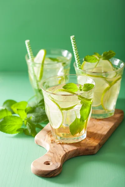 Mojito cóctel e ingredientes sobre fondo verde — Foto de Stock