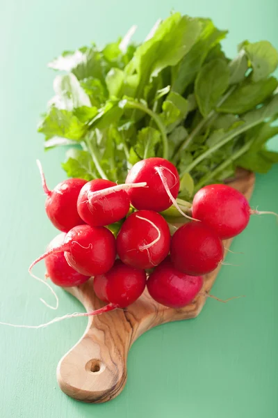 Fresh radish with leaves over green background — Stock Photo, Image