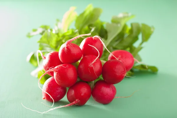 Fresh radish with leaves over green background — Stock Photo, Image