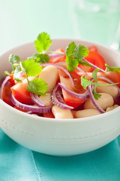 Healthy tomato salad with white beans onion cilantro — Stock Photo, Image