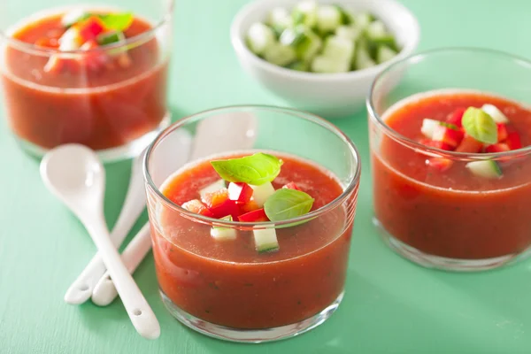 Sopa de gazpacho frío en vaso e ingredientes —  Fotos de Stock