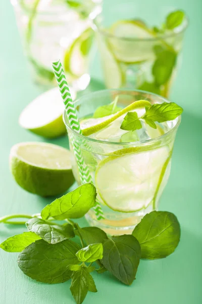 Mojito koktejl a ingredience nad zeleným pozadím — Stock fotografie