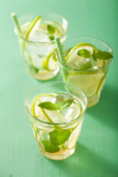 Mojito cóctel e ingredientes sobre fondo verde — Foto de Stock