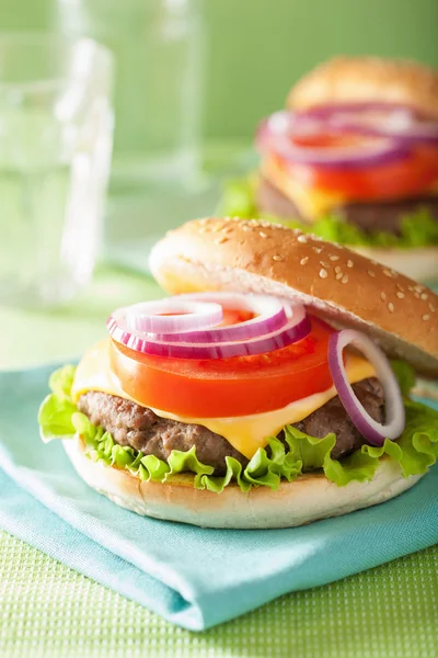 Hambúrguer com carne de boi, queijo, alface, cebola, tomate — Fotografia de Stock