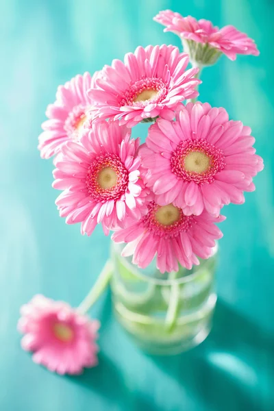 Hermoso ramo de flores de gerberas rosadas en jarrón — Foto de Stock
