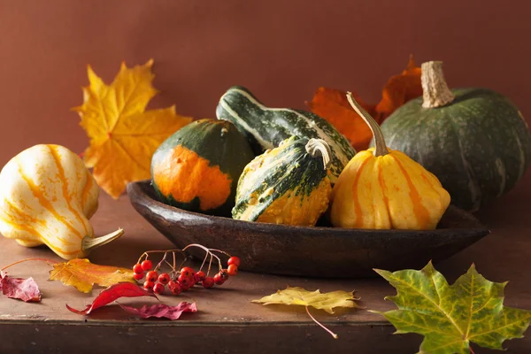 Calabazas decorativas y hojas de otoño para halloween — Foto de Stock