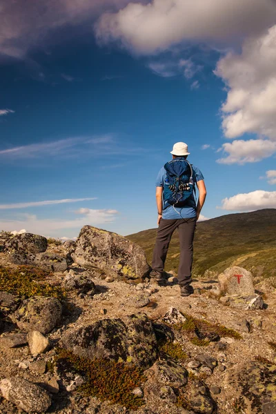 Hiker with backpack travelling in Norway mountains Dovre — Stockfoto