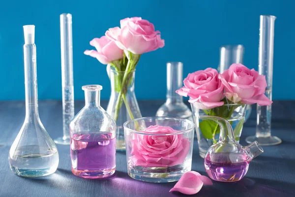 Alchemy and aromatherapy set with rose flowers and chemical flas — Stock Photo, Image