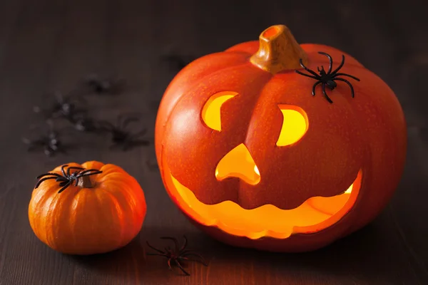 Halloween Jack O Lantern pumpkin spiders candles — Stock Photo, Image