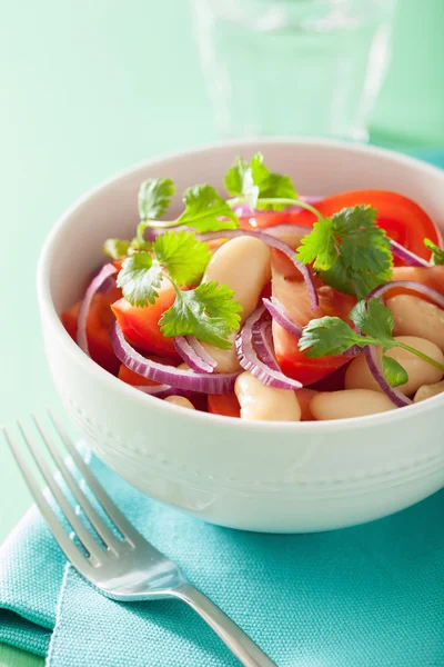 Healthy tomato salad with white beans onion cilantro — Stock Photo, Image