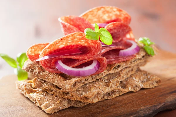 Хрустящий хлеб с салями и красным луком — стоковое фото