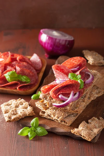 Pane croccante con salame e cipolla rossa — Foto Stock