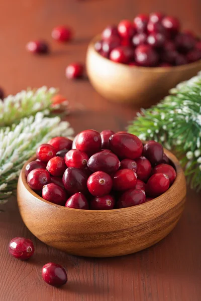 Fresh cranberry in wooden bowls, winter decoration — Stock Photo, Image