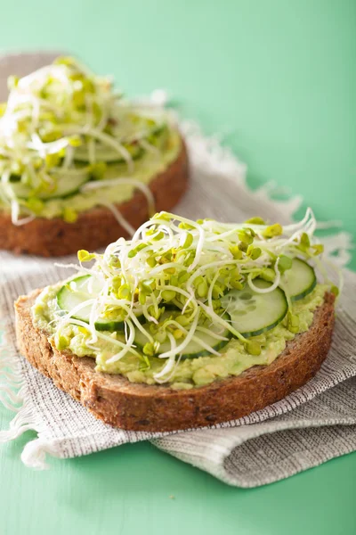 Pão de centeio saudável com abacate brotos de rabanete de pepino — Fotografia de Stock