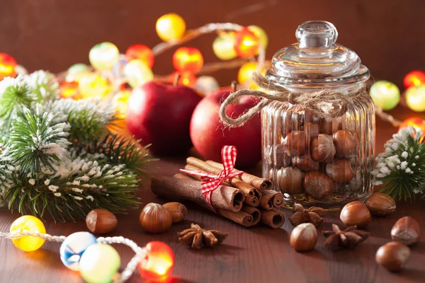 Winter decoratie kruiden kaneel kerstboom noten — Stockfoto