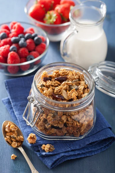 Hemgjord friska granola i glasburk och bär — Stockfoto