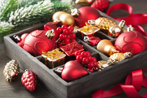 Christmas gift and decoration in wooden box — Stock Photo, Image