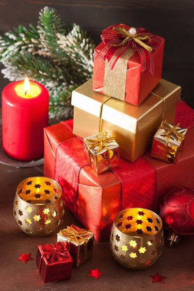 Red and golden christmas gift boxes and decoration — Stock Photo, Image