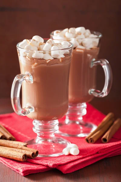 Chocolate quente com mini marshmallows canela bebida de inverno — Fotografia de Stock