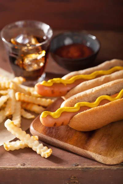 Grilled hot dogs with mustard and french fries — Stock Photo, Image
