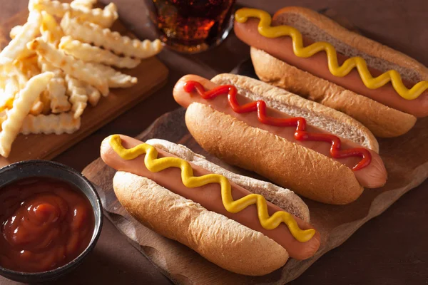 Grilled hot dogs with mustard ketchup and french fries — Stock Photo, Image
