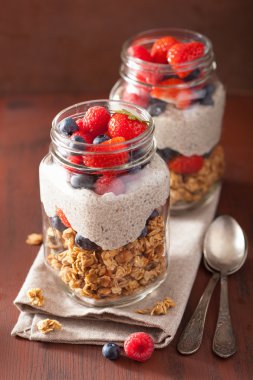 berry sağlıklı kahvaltı ile ev yapımı granola ve chia tohum puding