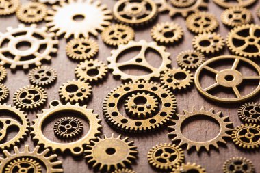 Steampunk Mekanik vites tekerlek ahşap arka plan üzerinde Dişliler