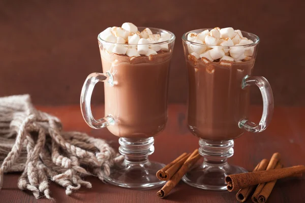 Chocolate quente com mini marshmallows canela bebida de inverno — Fotografia de Stock