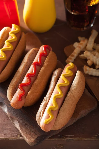 Хот-доги на грилі з гірчичним кетчупом та картоплею фрі — стокове фото