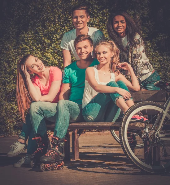 Multi etniska grupp tonåriga vänner i en park — Stockfoto