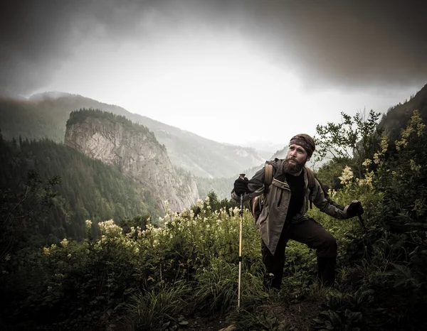 Homem caminhando na floresta de montanha — Fotografia de Stock