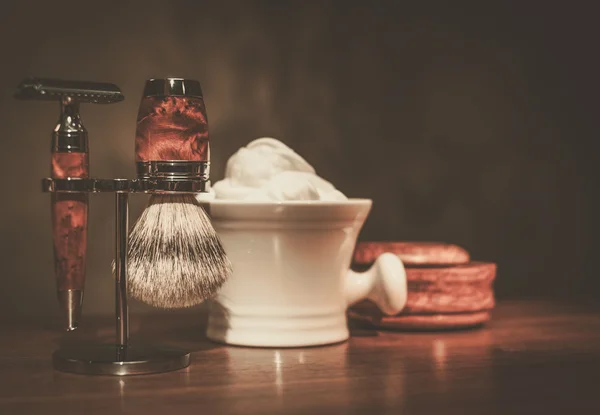 Shaving accessories on wooden background. — Stock Photo, Image