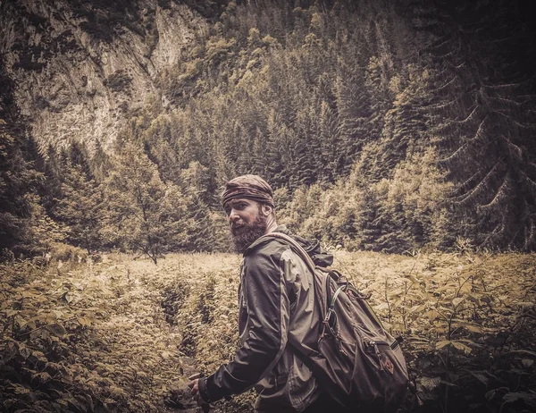 Homem caminhando na floresta de montanha — Fotografia de Stock