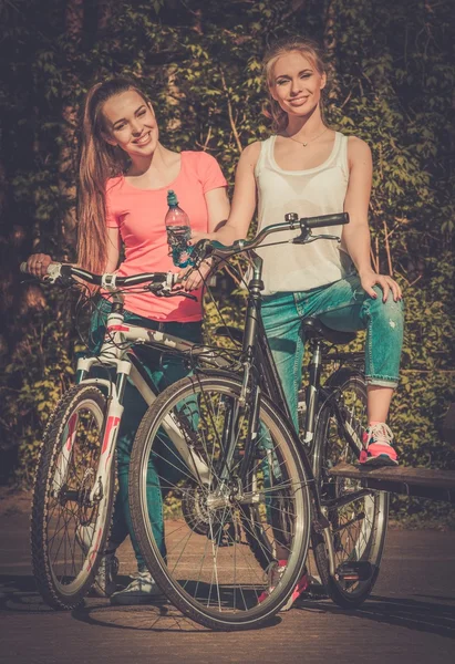 Duas adolescentes com bicicleta em um parque no dia ensolarado — Fotografia de Stock