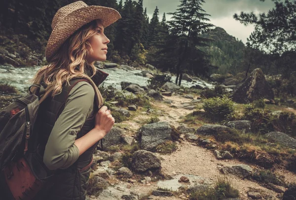 Gyönyörű nő természetjáró élvezi a csodálatos tájak, vad hegyi folyó közelében. — Stock Fotó
