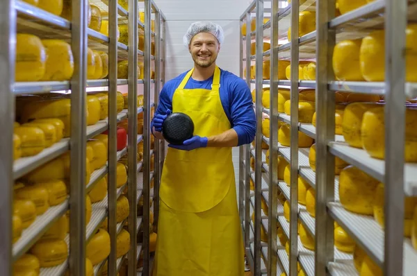 Cheesemaker kontrollerar ostar — Stockfoto