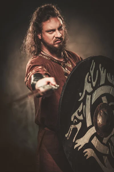 Angry viking with sword in a traditional warrior clothes — Stock Photo, Image