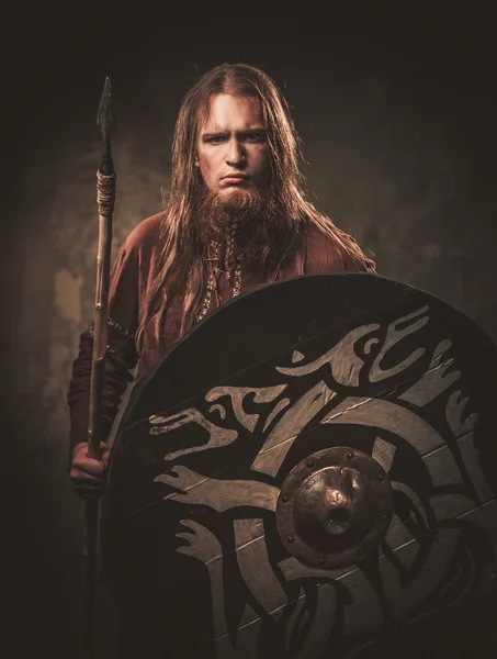 Ernstige viking met een speer in de kleren van een traditionele warrior — Stockfoto